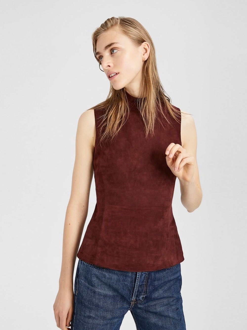 Theory | Eulia Lamb Leather Suede Ponte Knit Sleeveless Mock Top Chili Red M NWT